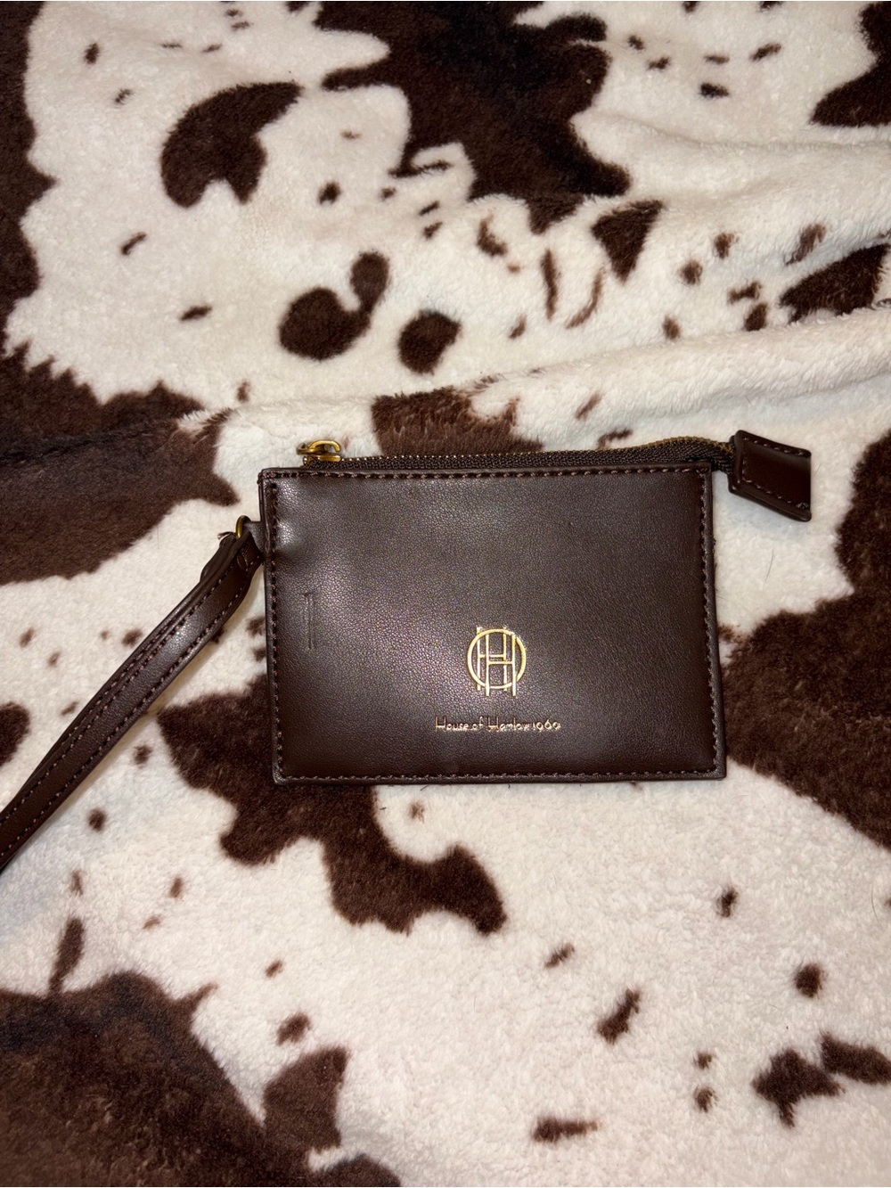 House of Harlow 1960 Brown Leather Zip Card Pouch with Gold Logo
